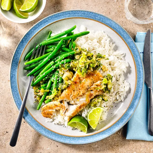 Cabillaud au gingembre, haricots verts et riz
