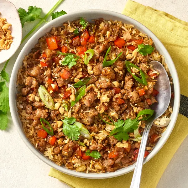 Riz crispy au porc & petits légumes