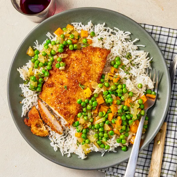 Dinde panée & petits-pois carottes