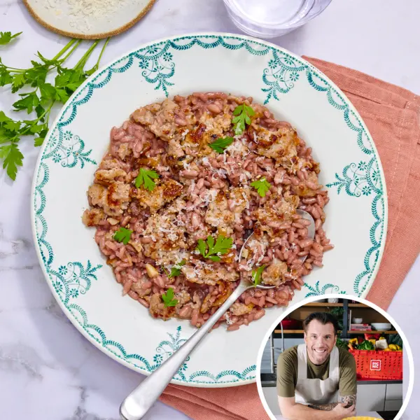 Risotto de chair à saucisse au vin rouge