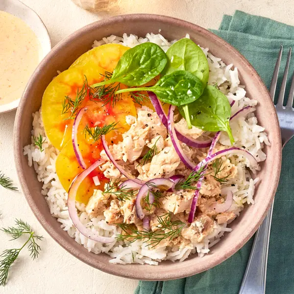 Bowl protéiné de saumon, riz & légumes