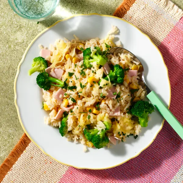 Riz au fromage, jambon & petits légumes
