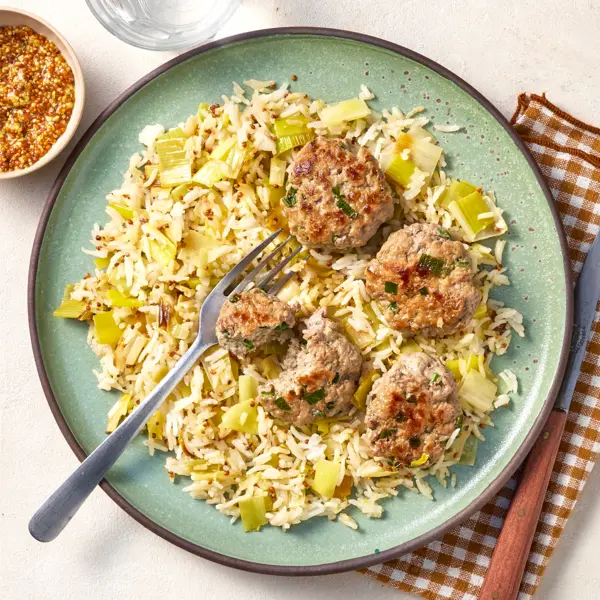 Riz, poireaux moutarde & veau haché