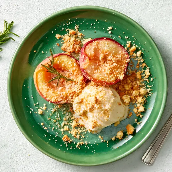 Pêches rôties, glace vanille & crumble