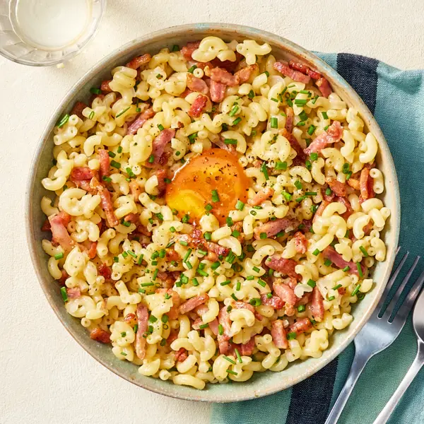 Risotto de coquillette, lard & œuf confit