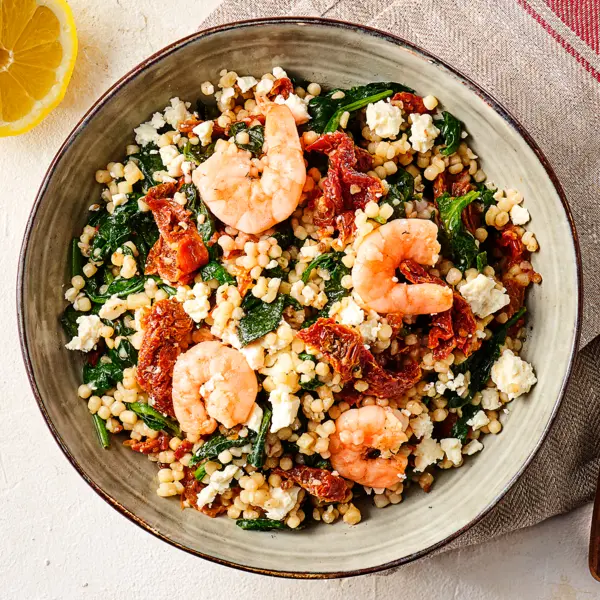 Couscous perlé aux crevettes et tomates séchées