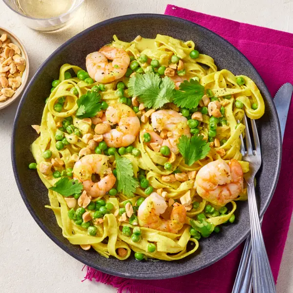 Tagliatelles curry crevettes & petits pois