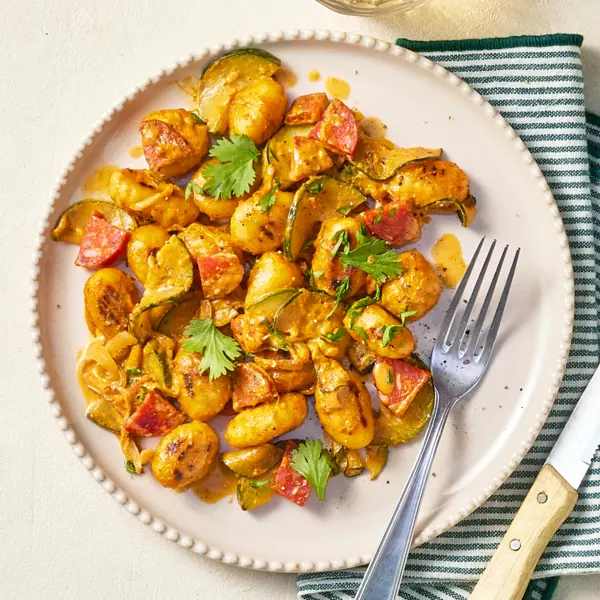 Curry de gnocchis, chorizo & courgette