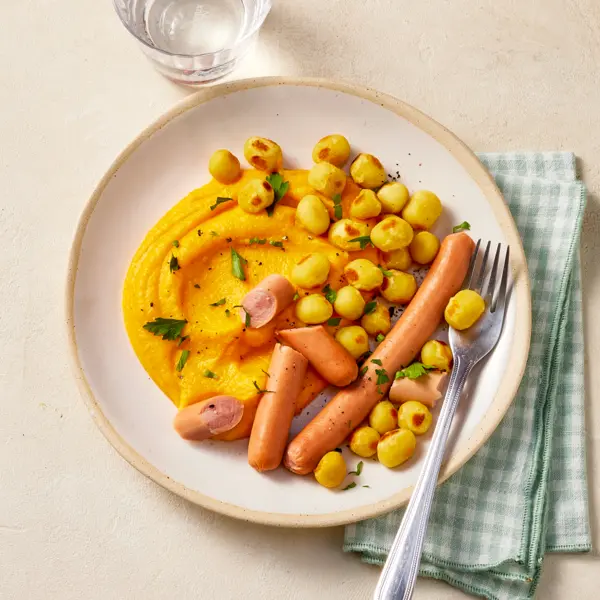 Knackis, purée de butternut & gnocchinis