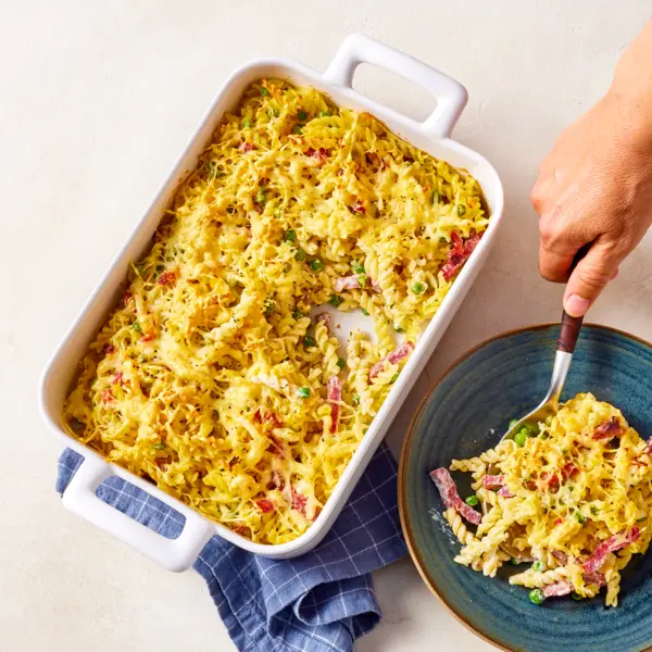 Gratin de torti au Boursin petits pois et jambon