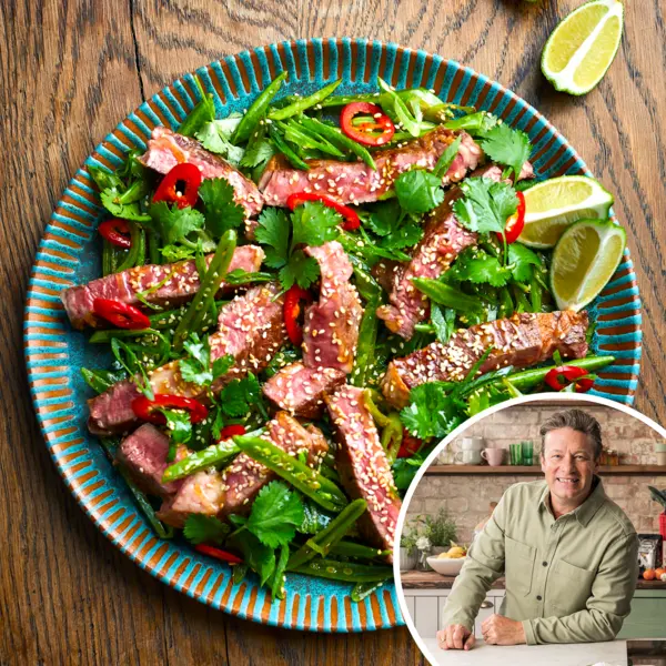 Salade de steak, pois gourmands & sésame