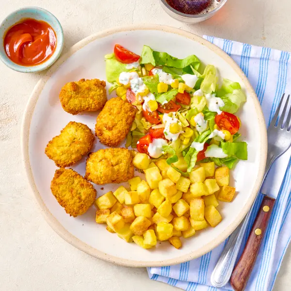 Nuggets et pommes de terre rissolées avec salade de crudités